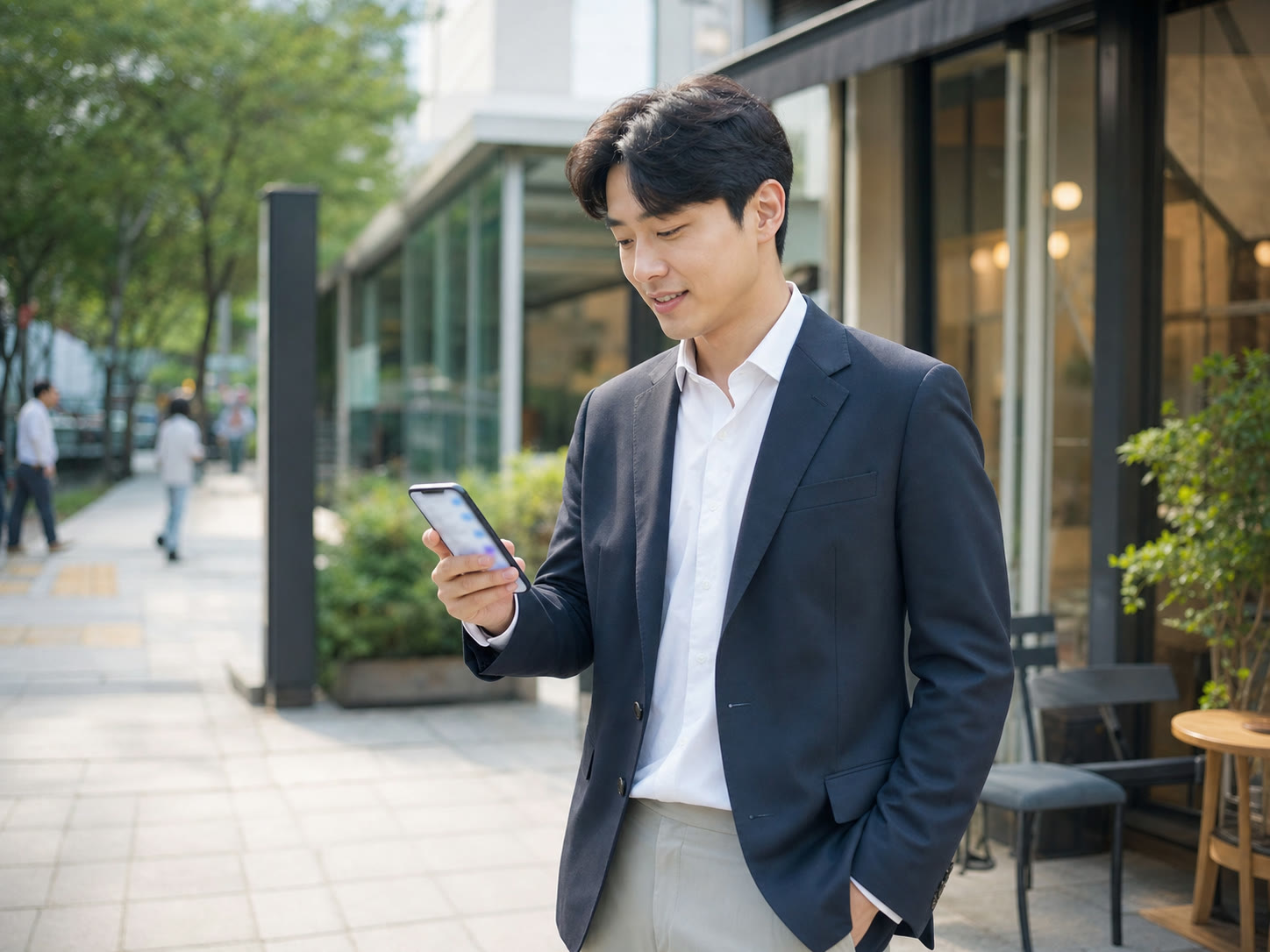 예시 이미지: 이동 중 휴대폰으로 업무 알림을 확인하는 강사
