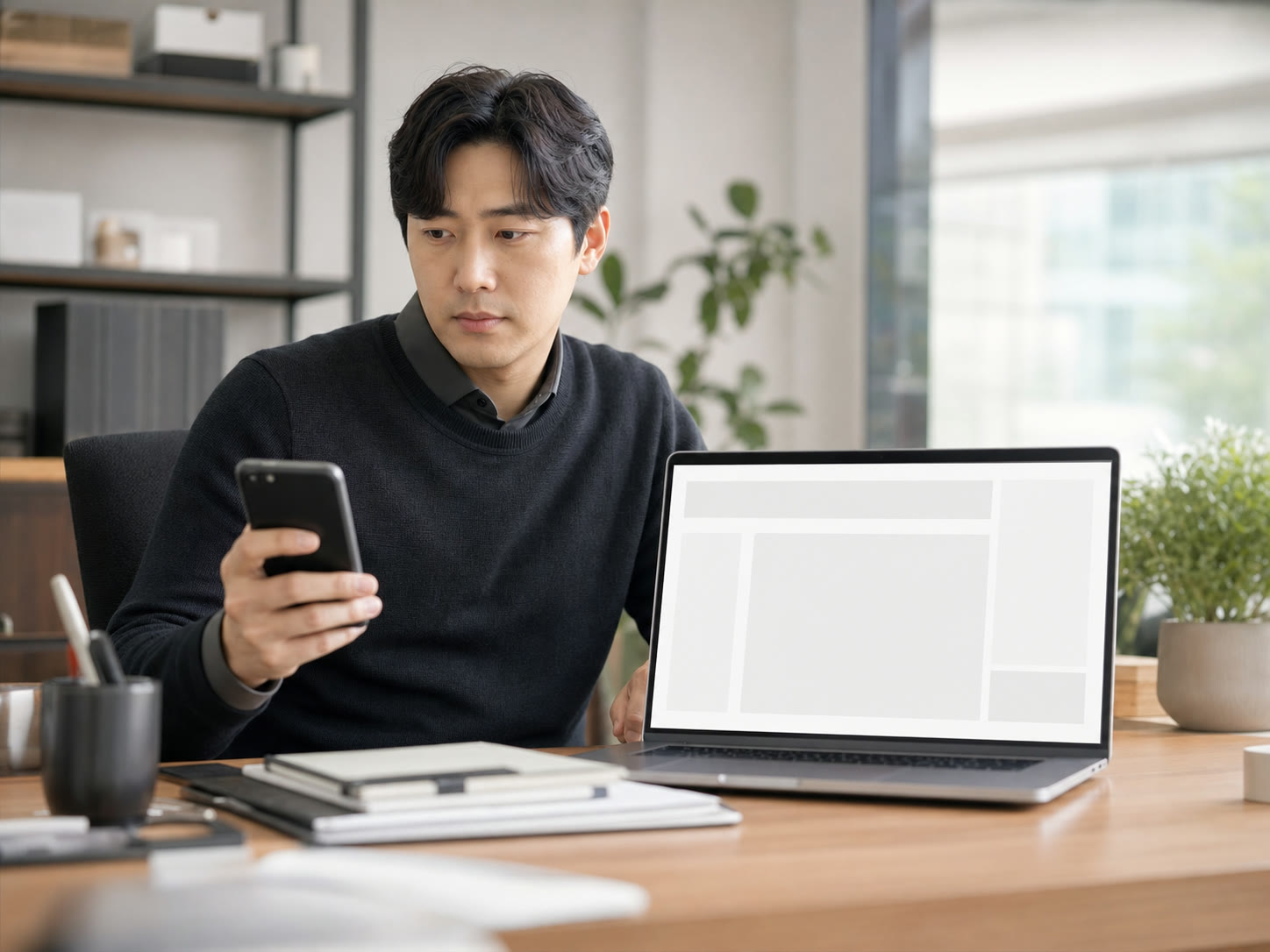예시 이미지: 태블릿의 문의 카드와 휴대폰 알림을 함께 확인하는 마케터
