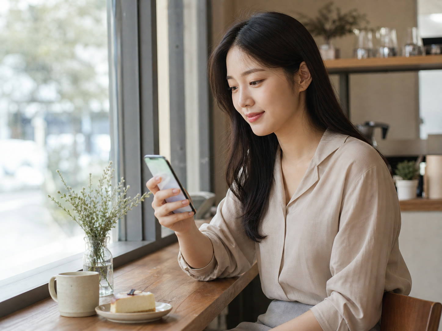예시 이미지: 휴대폰으로 접수확인 메시지를 확인하는 한국인 고객