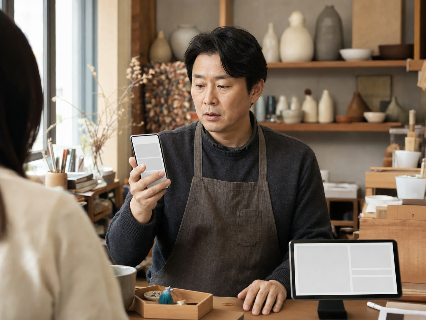 휴대전화로 재입고 알림을 확인하고 자연스럽게 상품을 다시 살펴보는 고객의 예시 이미지