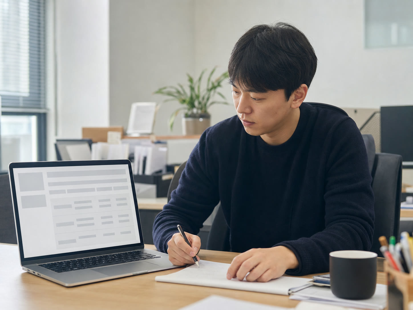이벤트 당첨자 상태를 확인하며 메모하는 마케터 장면(예시 이미지)