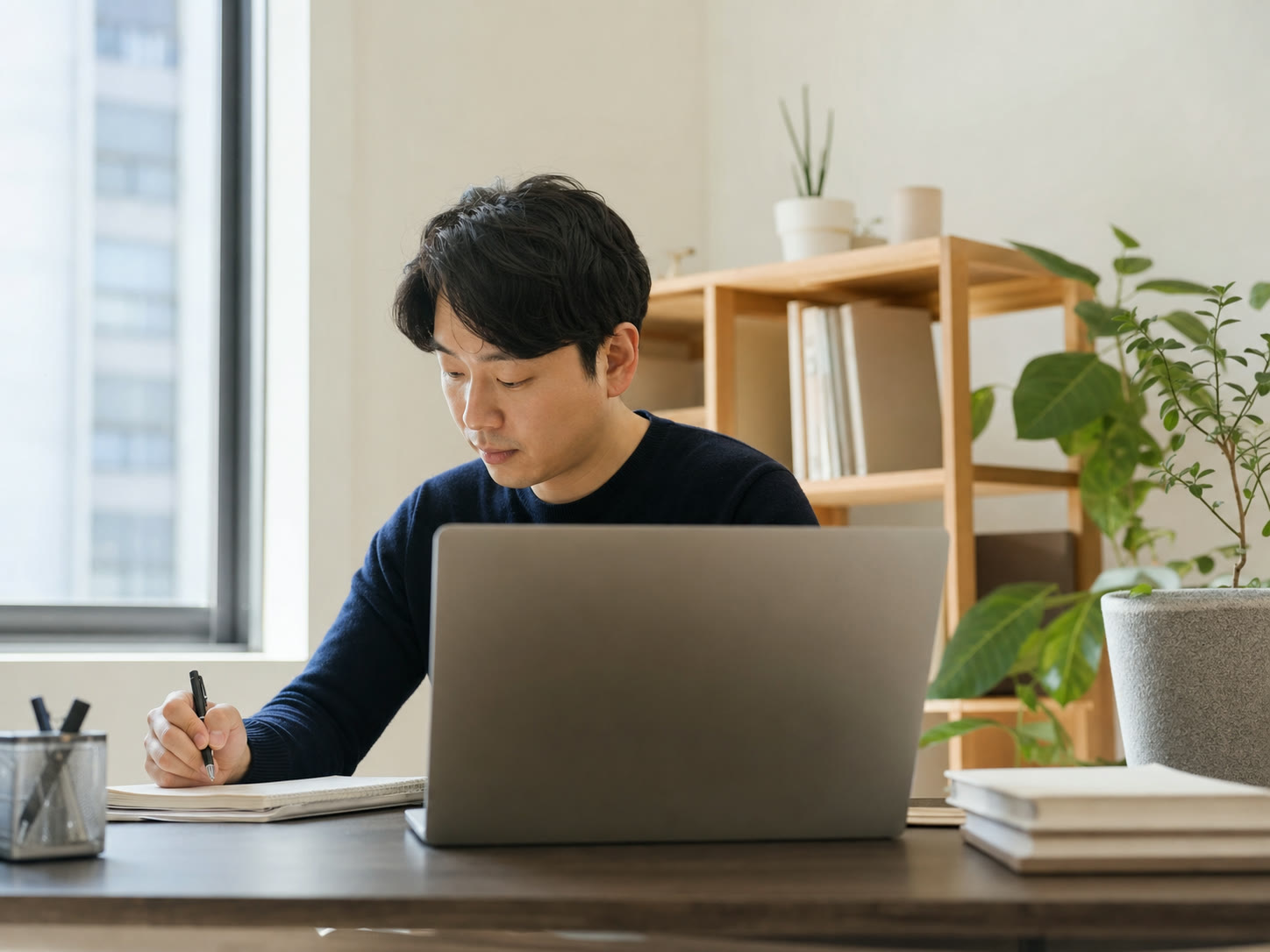 예시 이미지: 노트북 화면을 보며 자신의 소개 문장을 정리하는 한국인 1인 사업자
