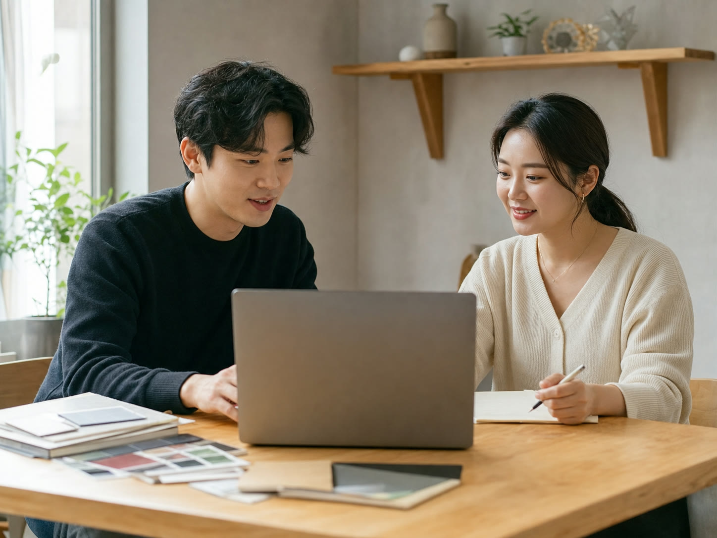 예시 이미지: 교육 공간에서 포트폴리오 사이트 화면을 보며 이야기하는 한국인 마케터와 강사