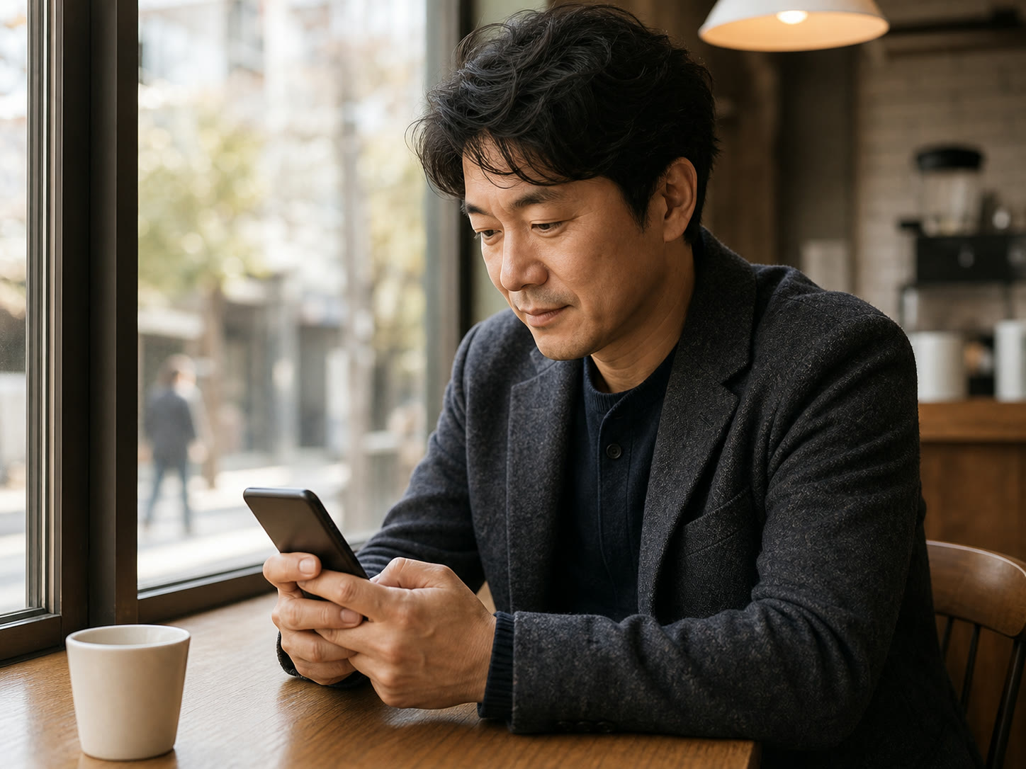 휴대폰으로 후기 영역을 살펴보는 1인 사업자의 예시 이미지