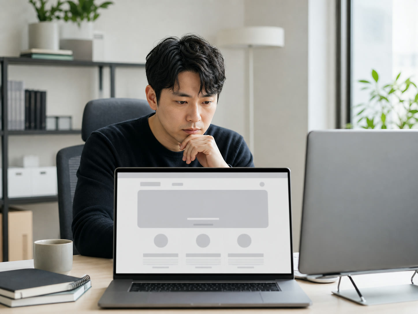 예시 이미지: 노트북으로 랜딩페이지 첫 화면을 검토하는 마케터