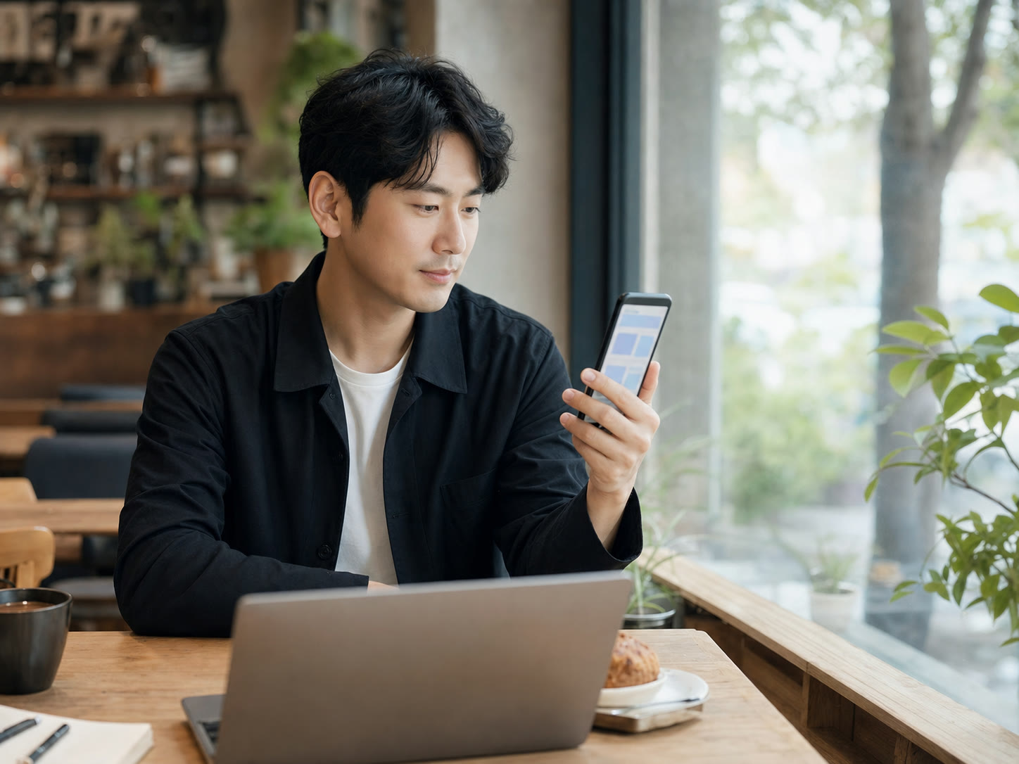 예시 이미지: 모바일 화면에서 페이지 구성을 확인하는 1인사업자