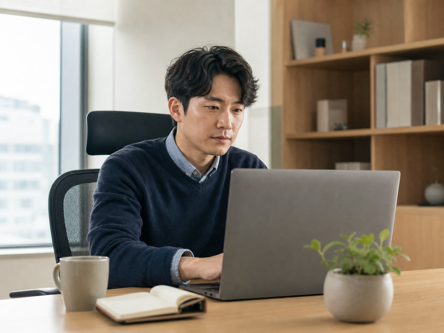 예시 이미지: 고객 후기가 배치된 홈페이지 화면을 검토하는 장면