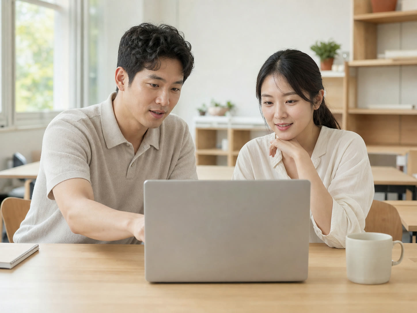 예시 이미지: 후기 카드가 보이는 노트북 화면을 함께 확인하는 장면