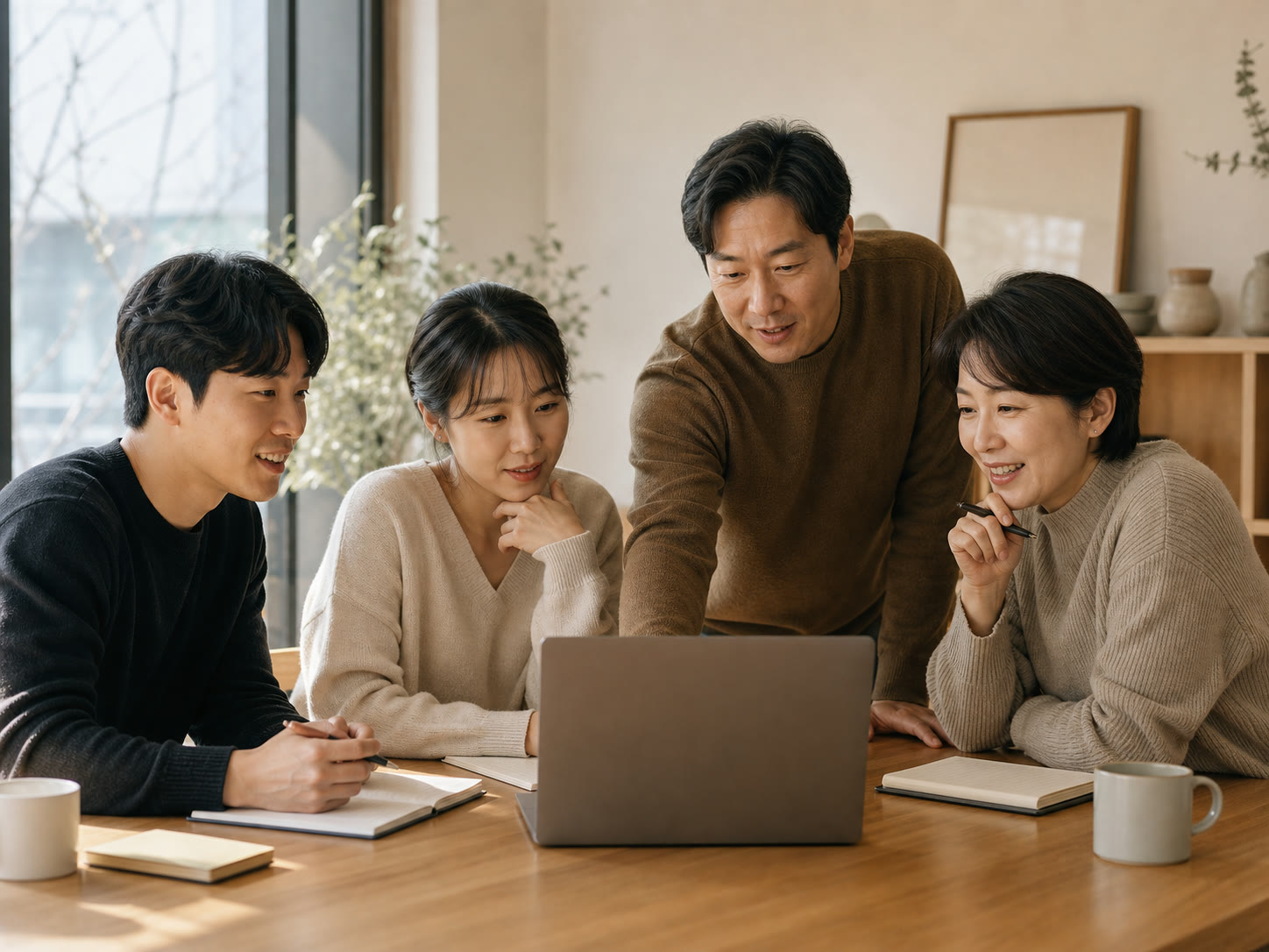 예시 이미지: 소규모 오프라인 교육에서 페이지 화면을 함께 보는 한국인 수강생들