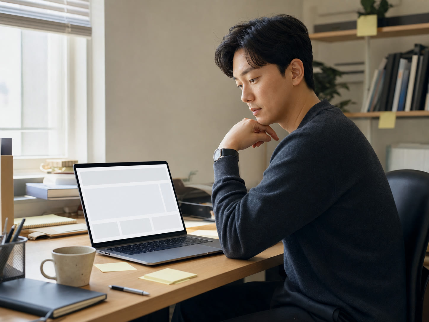 예시 이미지: 노트북으로 행사 안내 페이지의 공개 화면을 확인하는 한국인 마케터