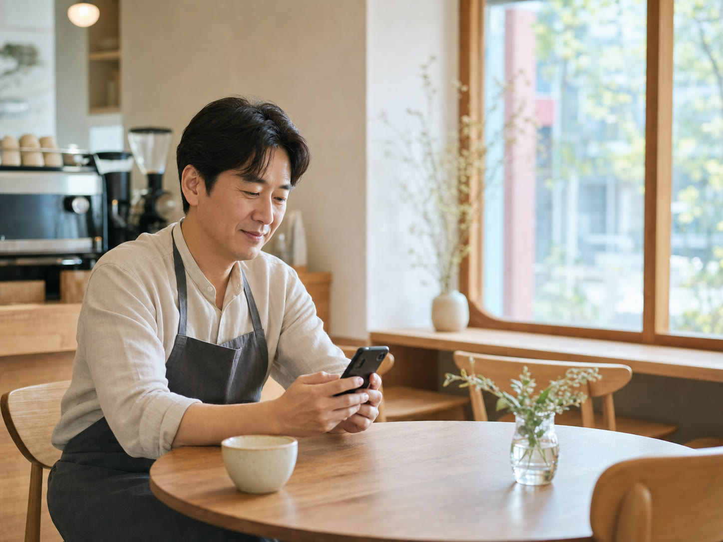 예시 이미지: 매장 사장님이 휴대폰으로 새로 공개된 소개 페이지를 보는 모습