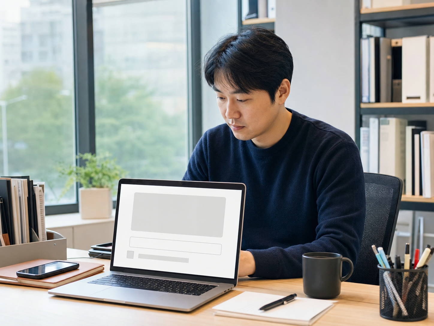 간결한 뉴스레터 구독 화면을 확인하는 인하우스 마케터의 모습, 예시 이미지