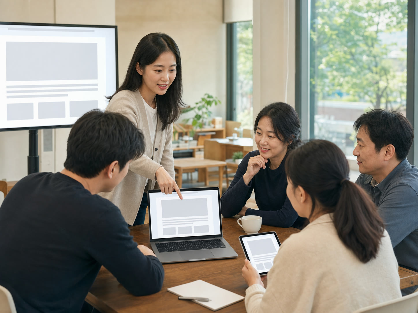 강사와 학습자가 같은 화면을 보며 페이지를 점검하는 오프라인 교육 장면, 예시 이미지
