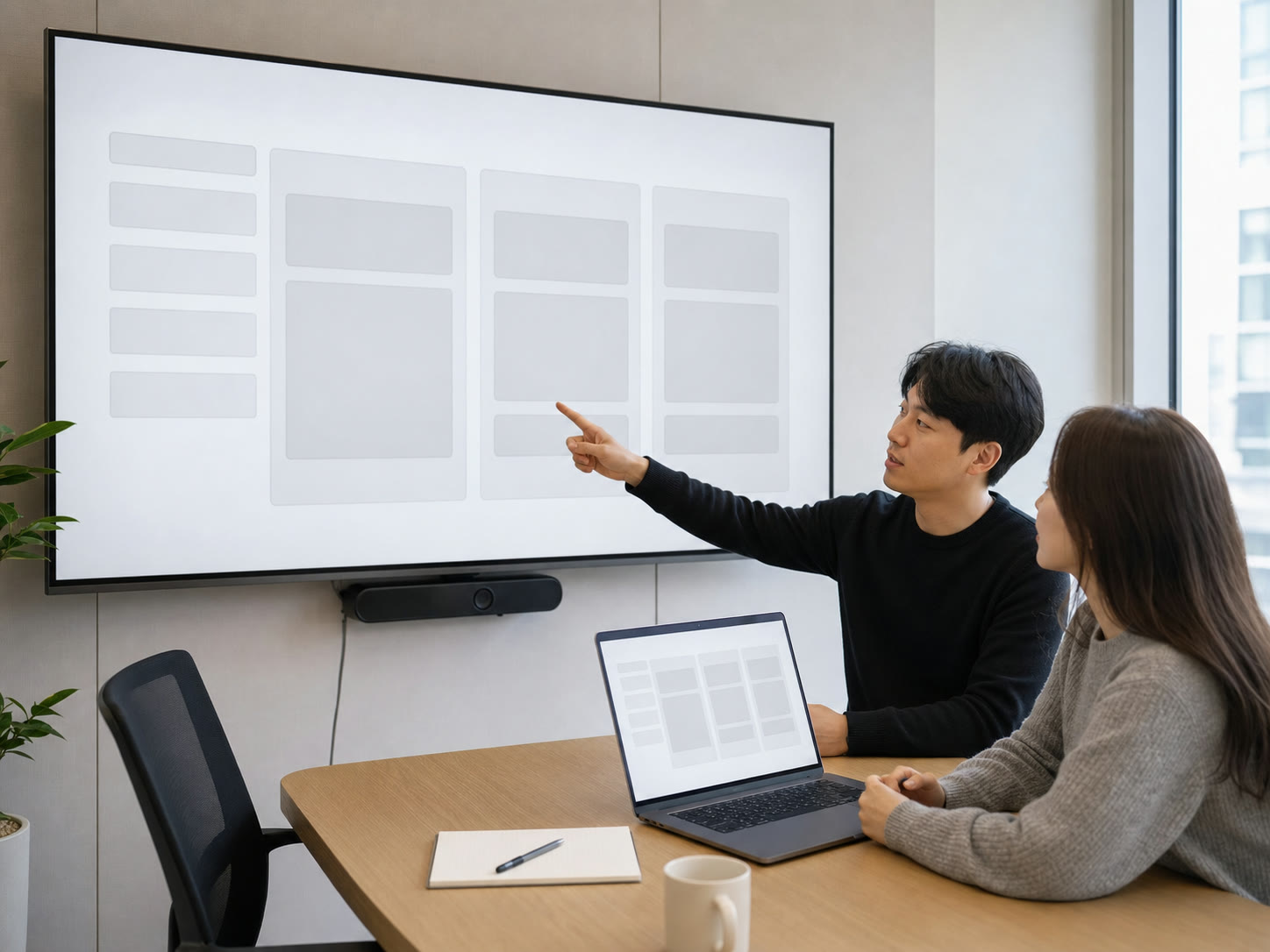신청 페이지 목업을 함께 검토하는 인하우스 마케터와 강사(예시 이미지)
