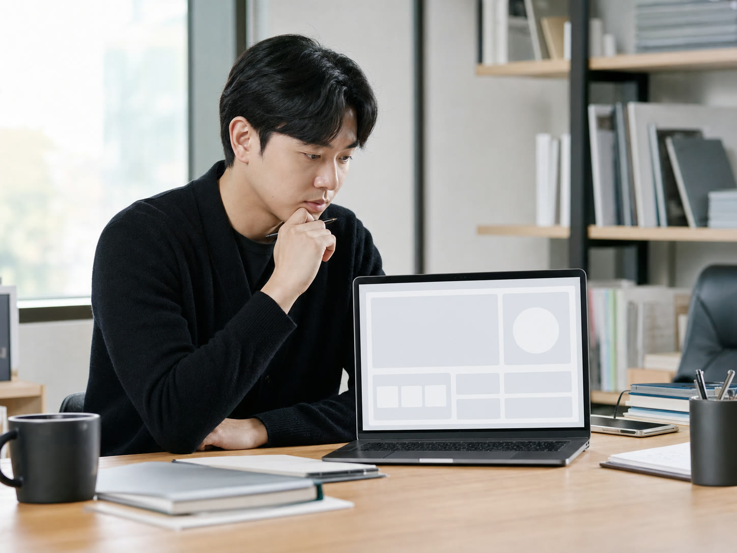 예시 이미지: 검색 질문을 살피며 콘텐츠 화면을 검토하는 마케터