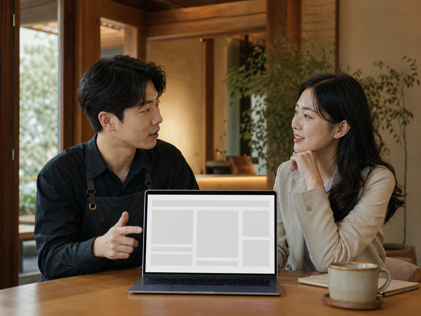 예시 이미지: 질문별 콘텐츠 구성을 회의하는 소상공인과 마케터