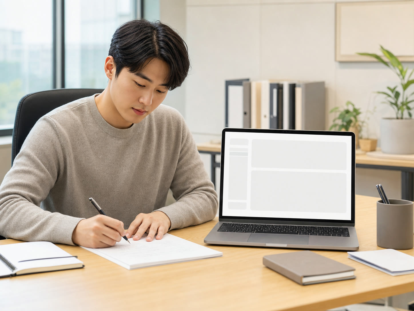 예시 이미지: 관리자 대시보드 구조를 보며 메모하는 인하우스 마케터