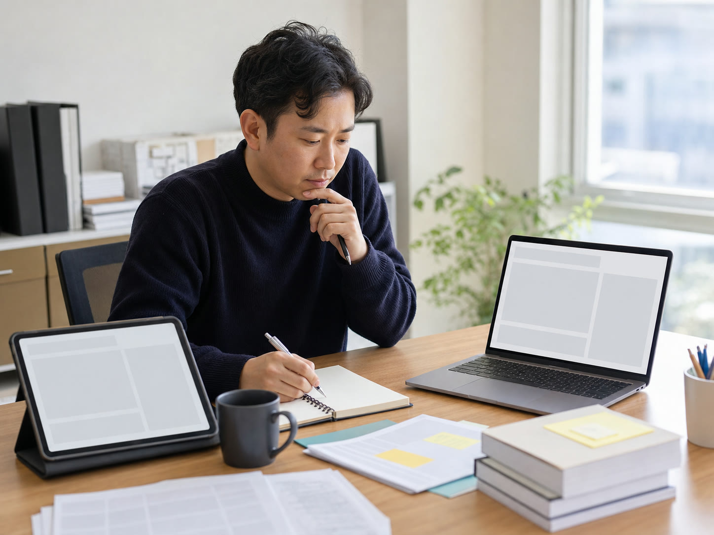큰 키워드 목록을 보며 어떤 글을 써야 할지 고민하는 인하우스 마케터의 예시 이미지