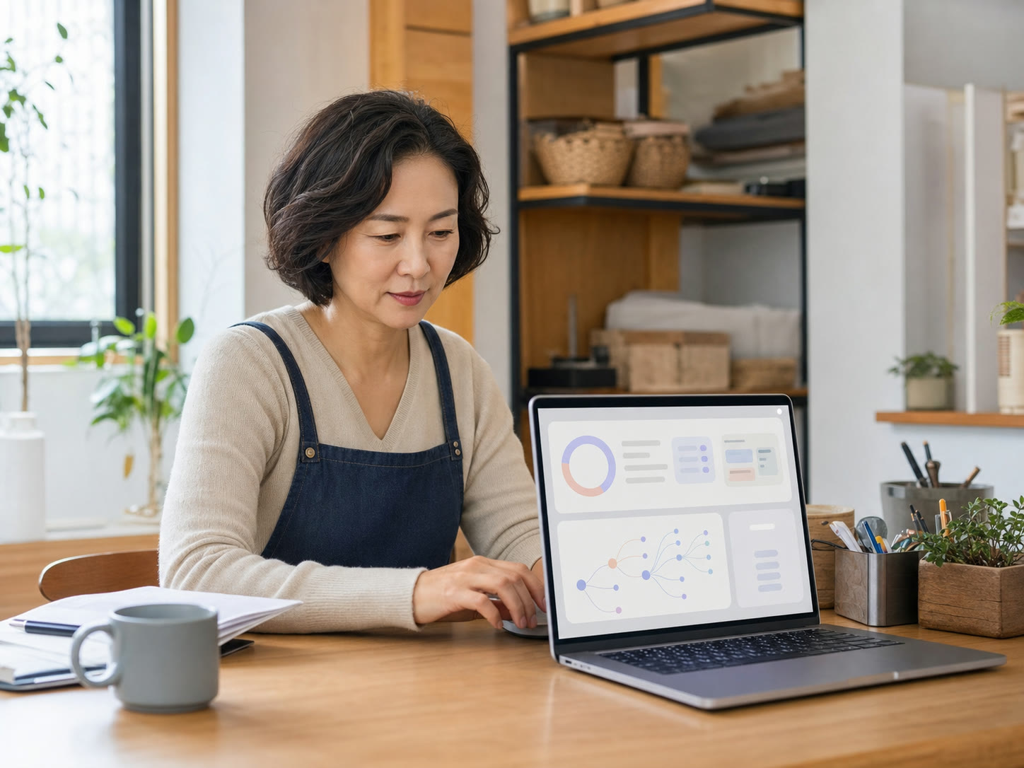 세부 검색어가 묶인 롱테일 맵 화면을 살펴보는 사장님의 예시 이미지